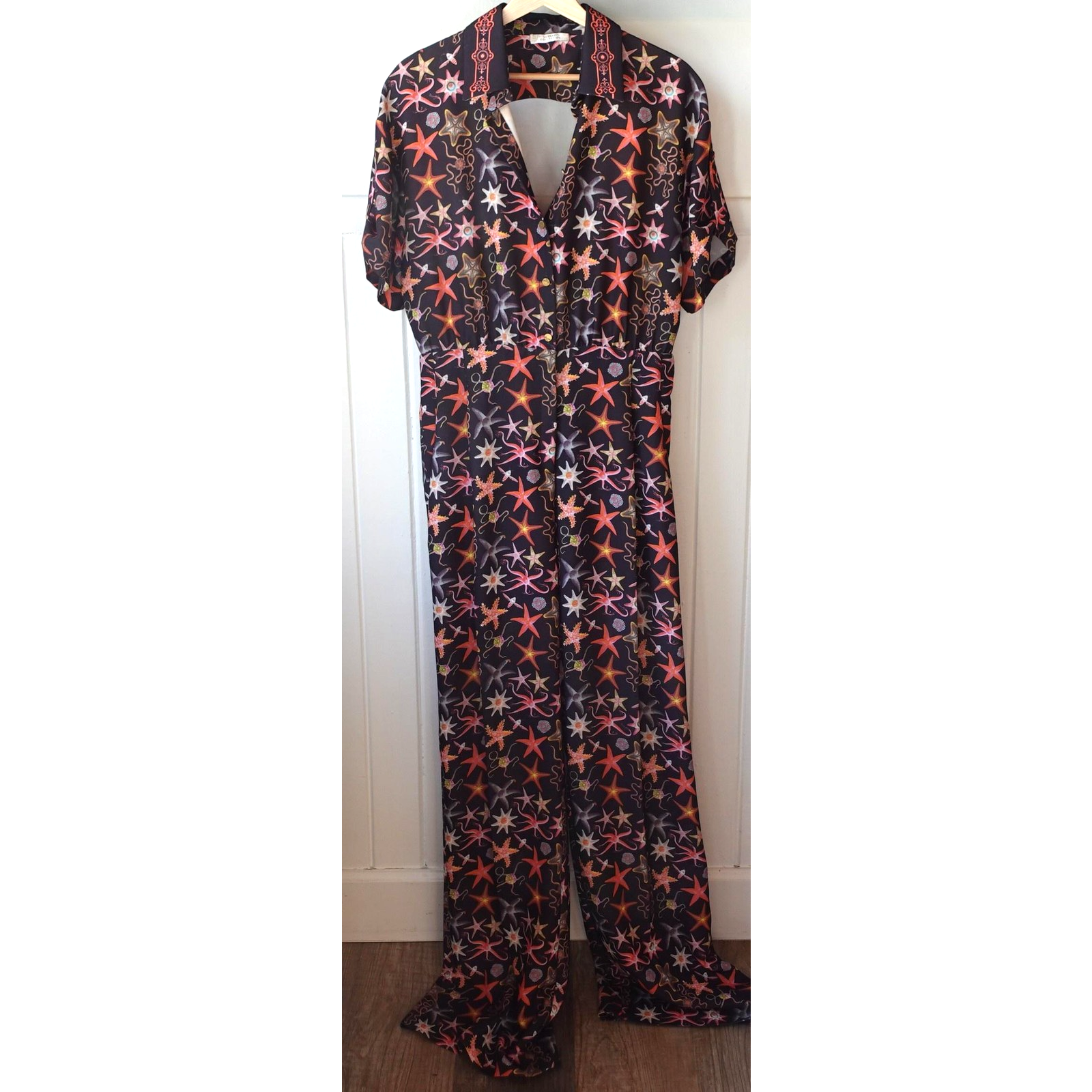 Versace Collection Jumpsuit Womens 12 Black Starfish Print Wide Leg Cut Out Back